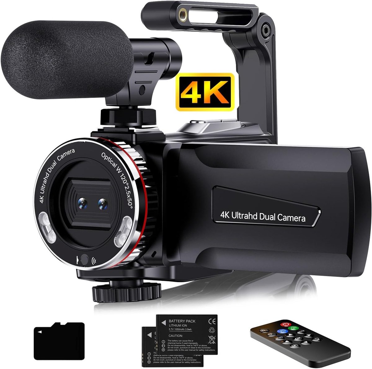 4K, 64MP, camcorder, vlogging camera voor YouTube, 21x digitale zoom, 3 inch, 270 graden draaibaar scherm, video, vlogging, dubbele camera met 32GB kaart, microfoon, stabilisator