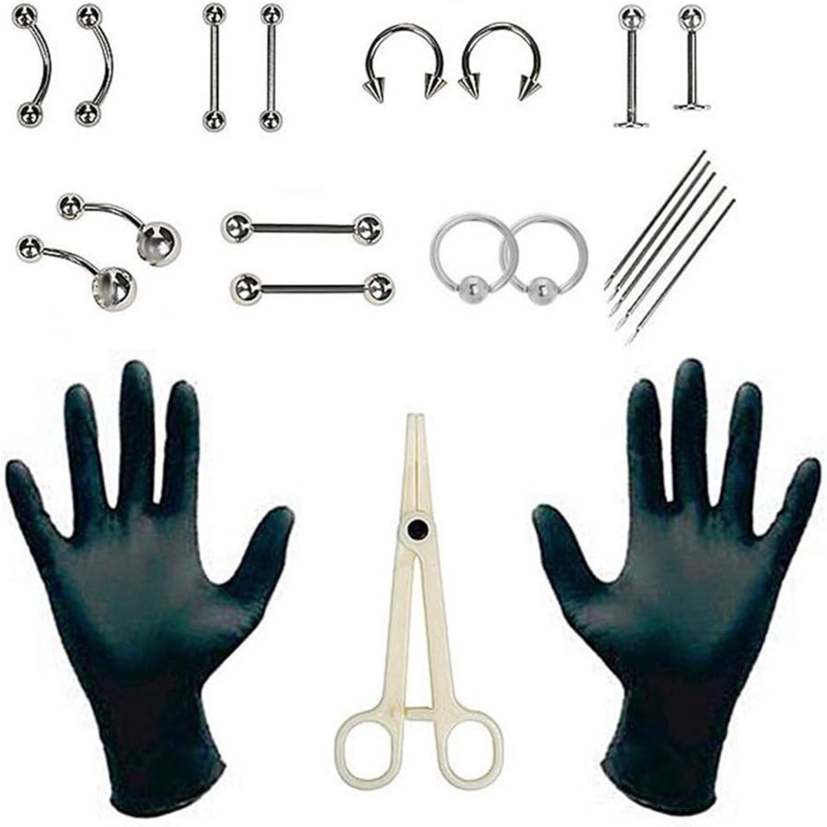 Bodypiercing-kit, 1 set roestvrijstalen 14 g buikring, oorbel, neuspiercing, tongpiercing, mix van sieraden, piercing-instrumenten, professionele piercingkit, Roestvrij staal