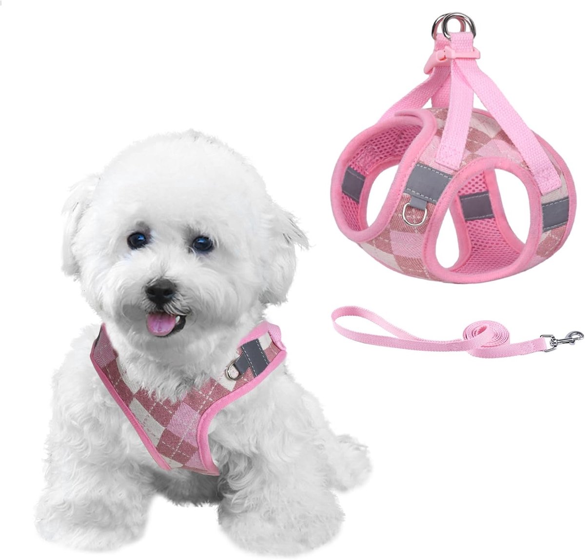 Hondenharnas, middelgroot hondenharnas, met riem, verstelbaar geruit, step-in-mesh hondenvestje voor puppy's, anti-ontsnapping, reflecterend veiligheidsproces, roze, M
