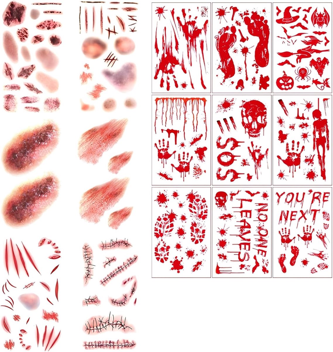 Tijdelijke tatoeages voor Halloween + 9 vellen raamstickers