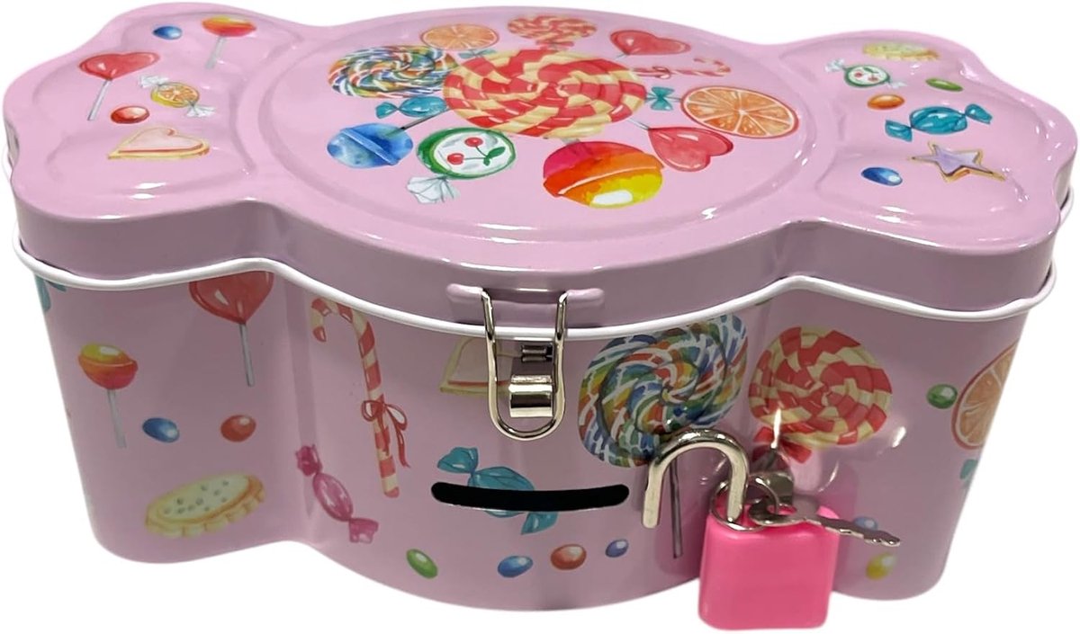 Spaarpot van metaal, snoepvorm met slot, grappige spaarpot, groot formaat voor jongens en meisjes (roze)