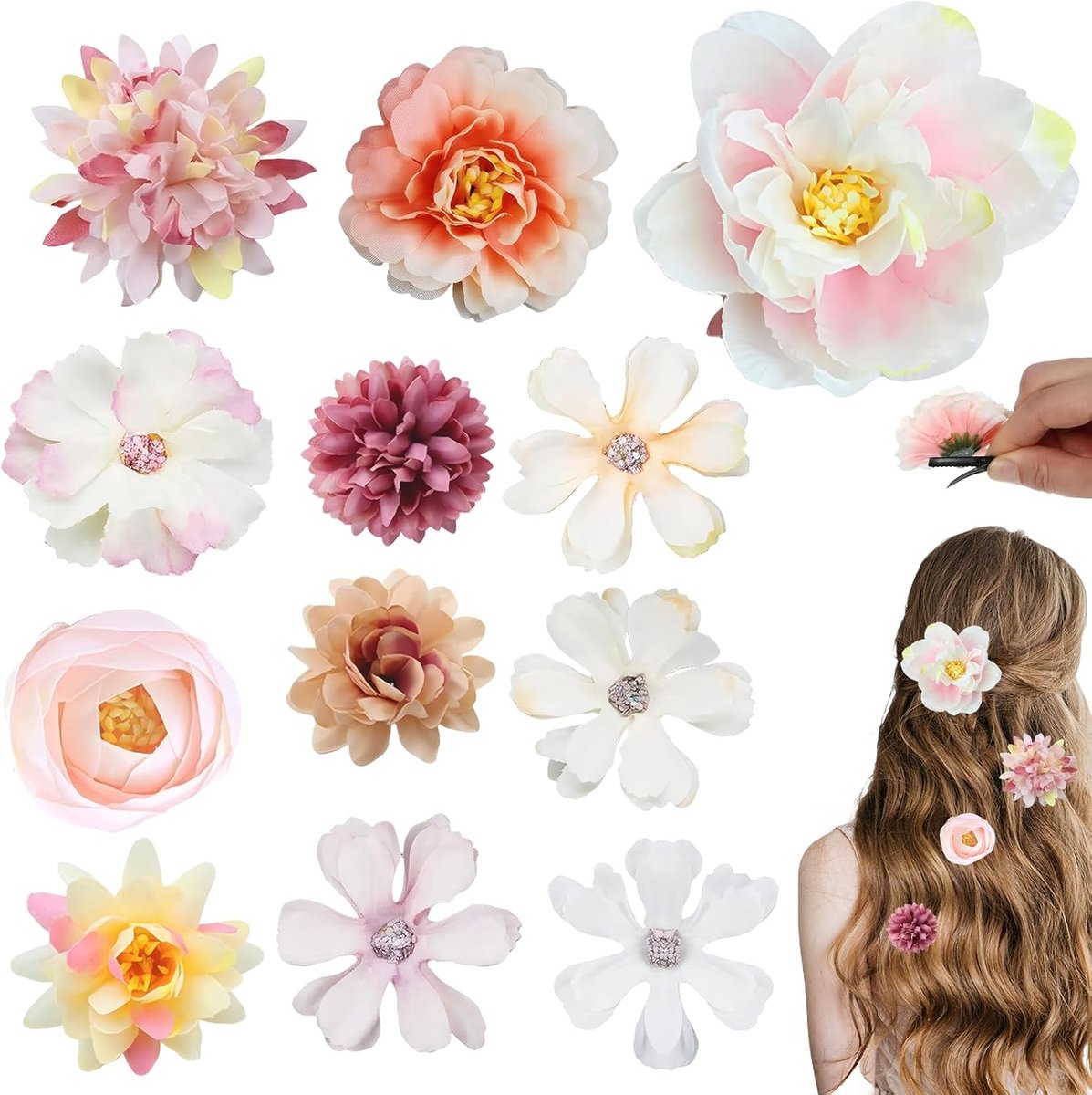 Set van 12 Bloemen Haarspelden – Boho Hawaii Haaraccessoires in Verschillende Stijlen en Maten voor Dames en Meisjes, Ideaal voor Dagelijks Gebruik, Feest en Bruiloft