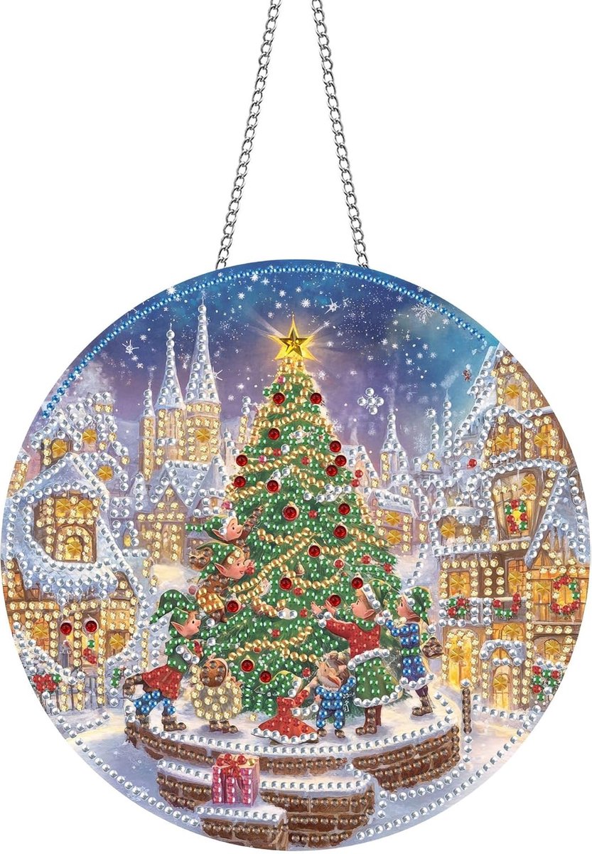 Acrylbord diamond painting hanger en raamafbeeldingen set met ketting - kerstboom DIY schilderij hanger diamant kunst wandbehang kits 20 x 20 cm - voor muur en entree decoratie
