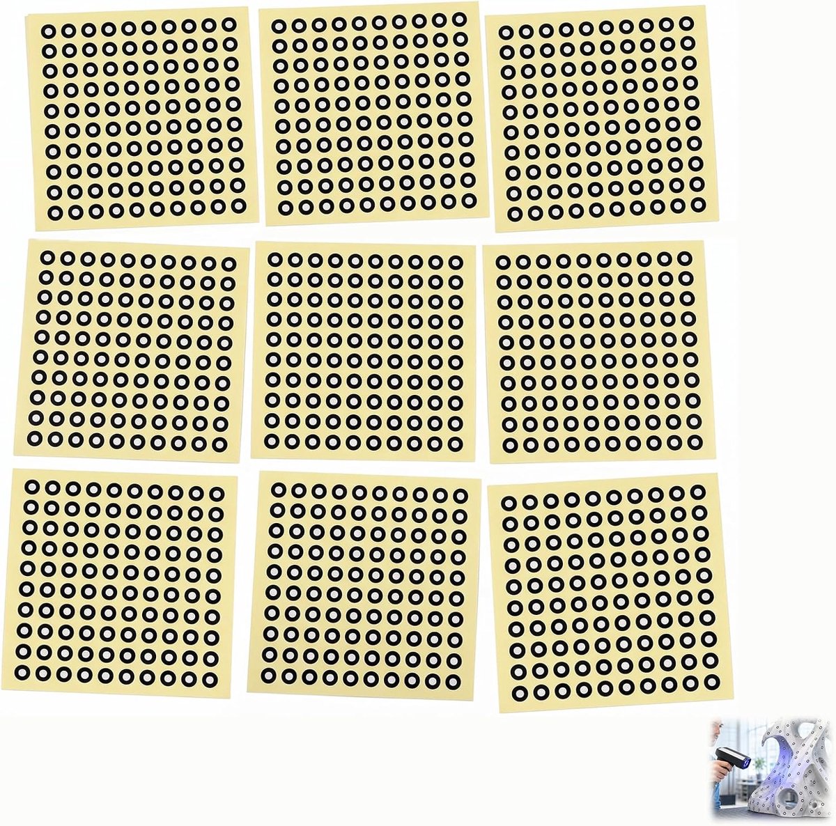 Set van 900 markeringspunten 3,0 mm voor 3D-scanners, 9 vellen optische tracking-punten, zelfklevende markeerstiften met hoge reflectiviteit voor scannen, retrotechniek, inspectie, sieraden