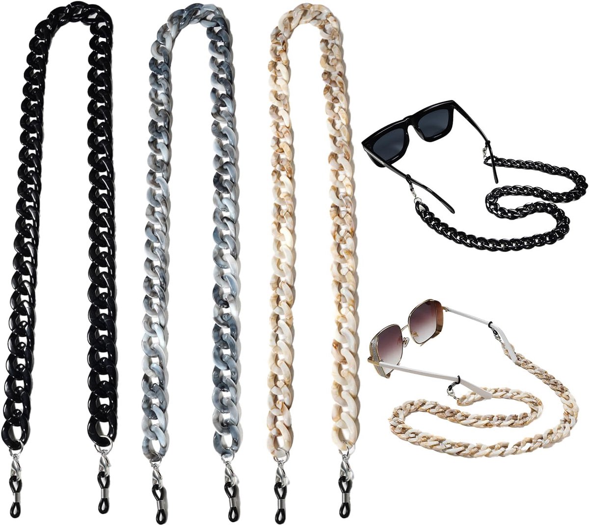 Brillenkettingen, acryl, 3 stuks, brillen, zonnebril, zonnebrillen, antislip, brillenketting