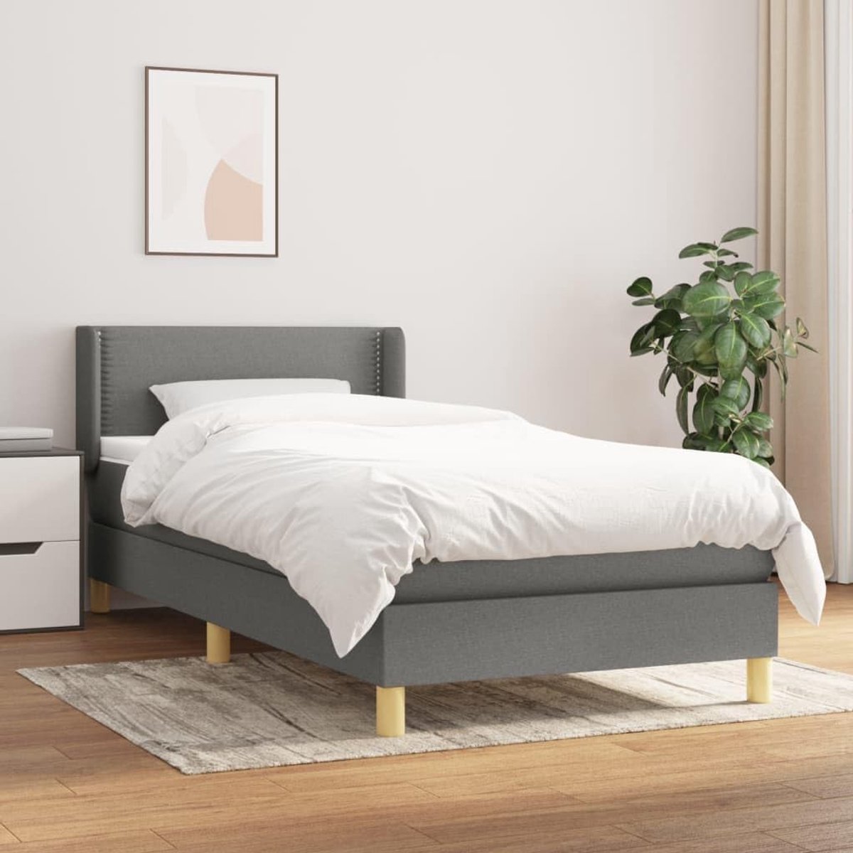 Boxspring met matras stof donkergrijs 90x200 cm pocketvering hoofdbord verstelbaar matras medium hard topmatras huidvriendelijk slaapkamer bed