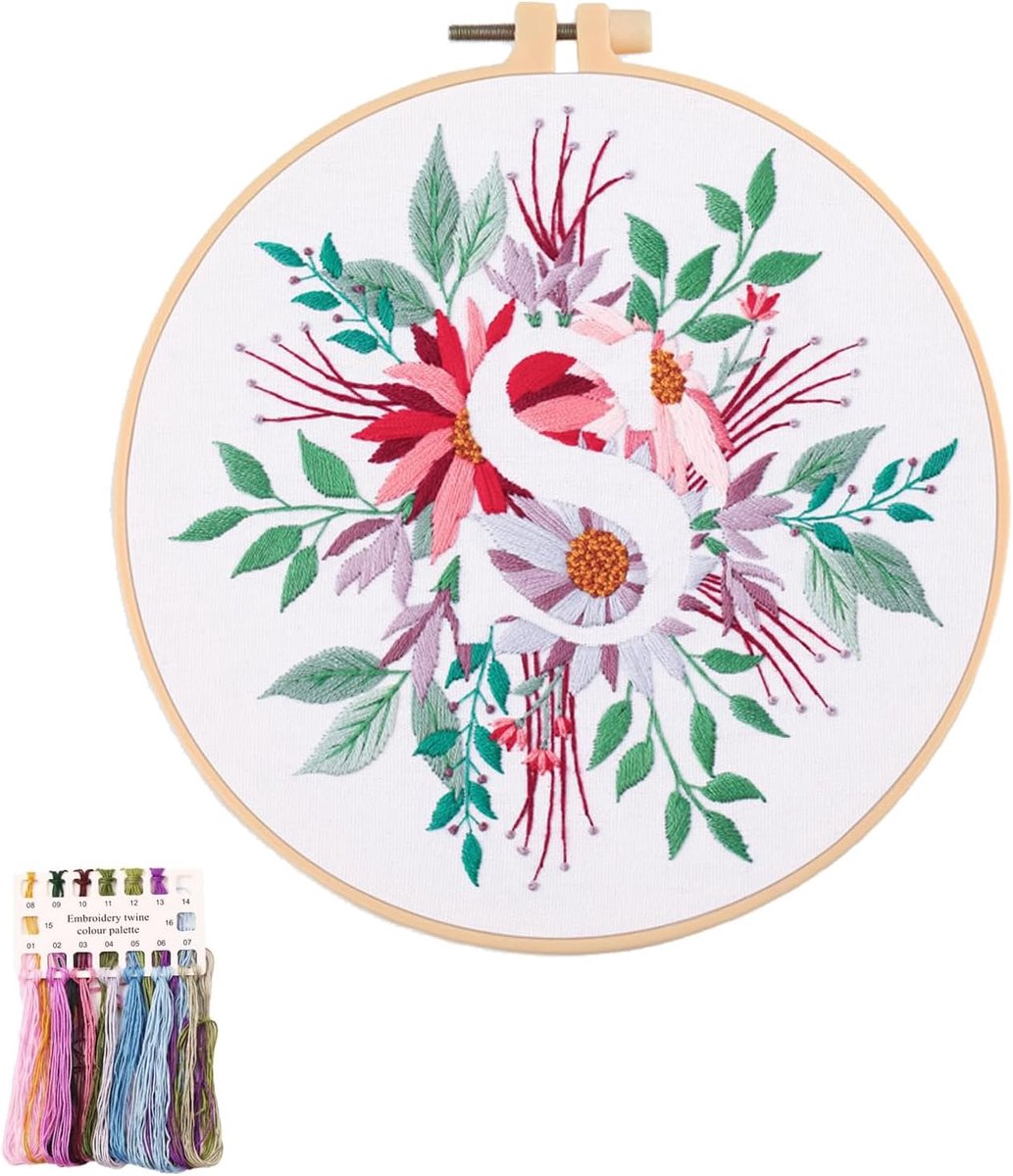Artcici Borduurpakketten Plant Bloem Letter S Patronen voor Beginners Volwassenen, Volledige Range Borduurwerk Starter Kits Kruissteek Handwerk Supplies