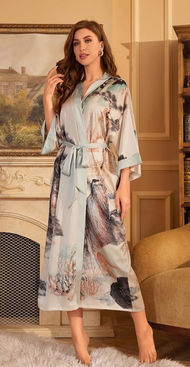 Zomer kimono bedrukt satijn zijde lang elegant nachthemd — afbeelding 3