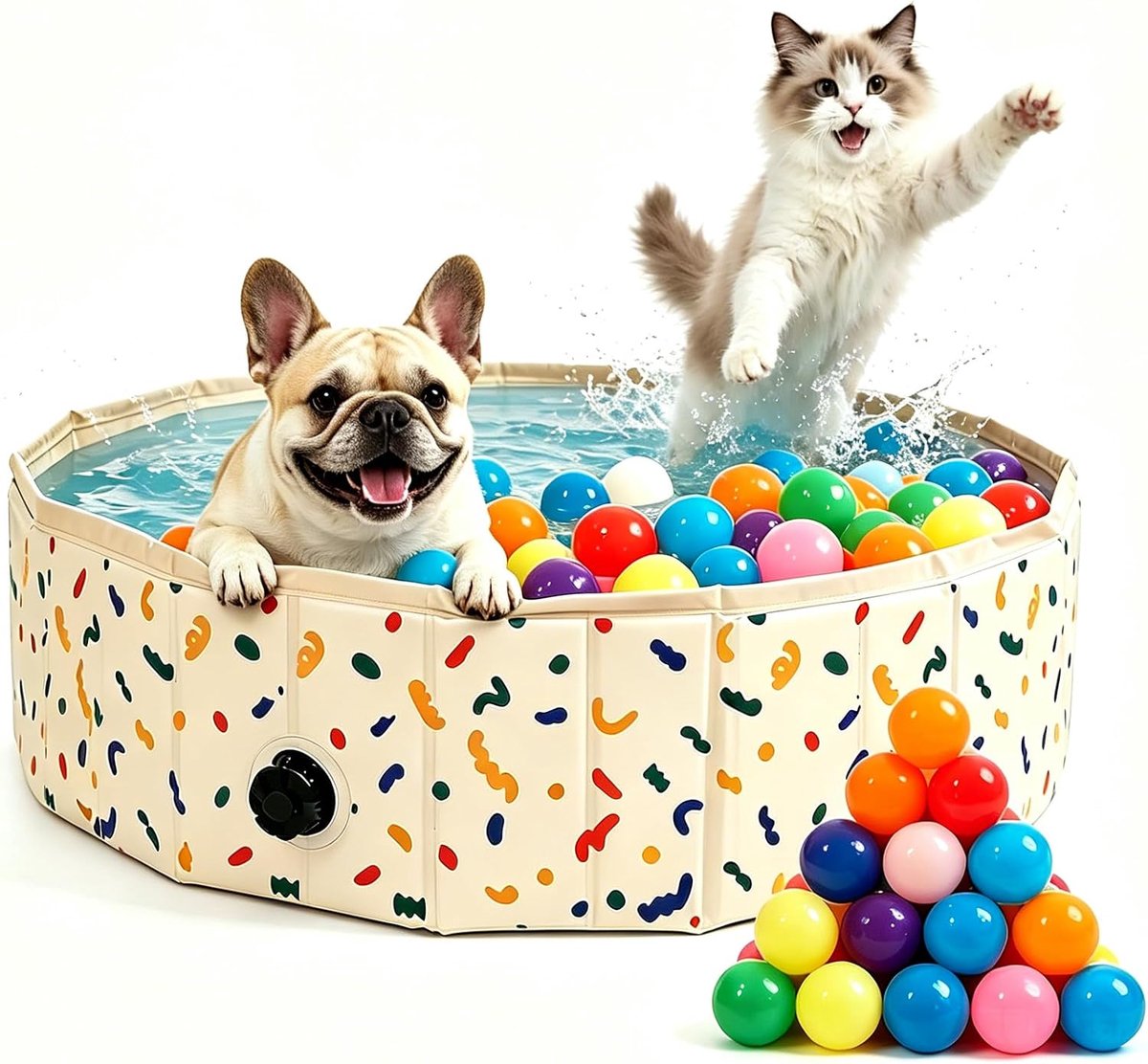 Hondenzwembad en ballenbak met ballen inbegrepen, draagbare multifunctionele ballenbak voor honden en katten, anti-instorting antislip speelzwembad voor huisdieren (beige, S + 64 ballen)