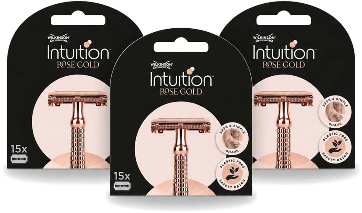 3 x Wilkinson Intuition - Navulmesjes - Rose Gold Safety Razor - Luxe - 15 mesjes - Bulkverpakking - 3 stuks