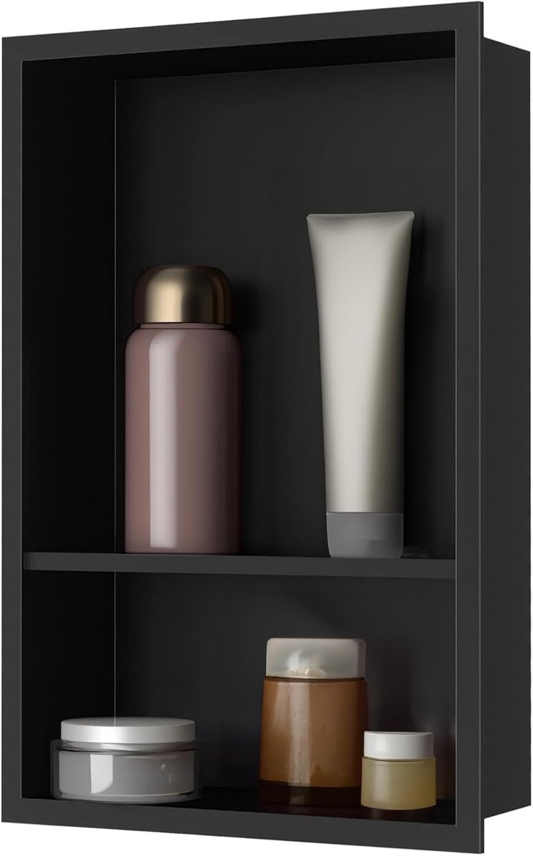 Douche, wandnis douche roestvrij staal, wandnis opslag met een plank (40/20cm), douchebak 30 x 60 x 10 cm, zwart
