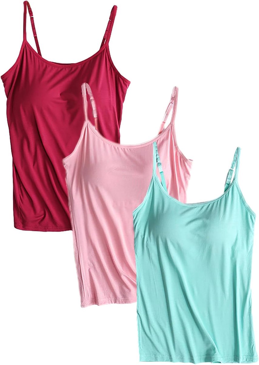 3 Stuks Basic Camisole Verstelbare Bandjes Vest Tanktops met Ingebouwde Beugelbeha Stretch Onderhemden (S-4XL)