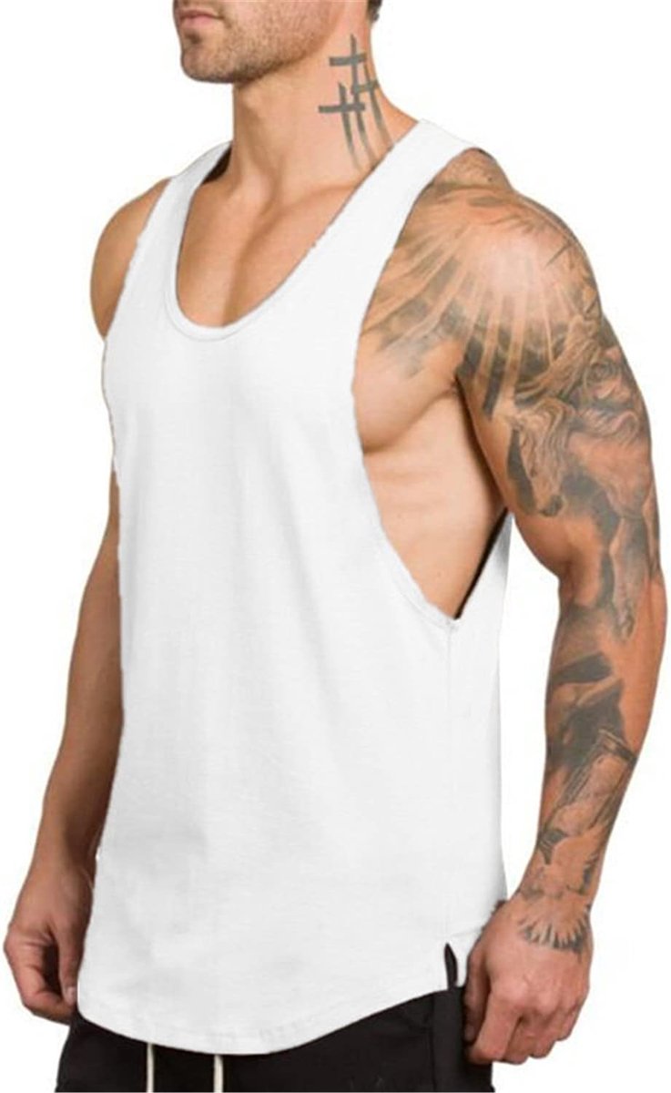 Tanktop voor heren, krachttraining, sport, onderhemd, tank, top, fitness, gym, stringer, Wit, S