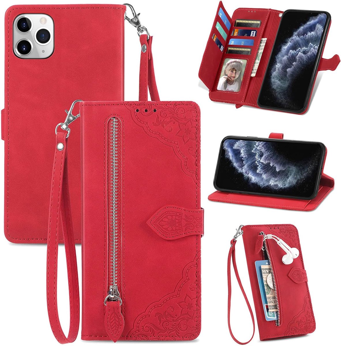 Hoes voor iPhone 11 Pro Max (6,5 inch), standfunctie lederen telefoonhoes met grote capaciteit magnetische sluiting kaartsleuven compatibel met iPhone 11 Pro Max - Rood