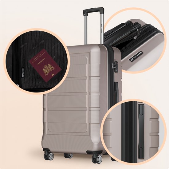 Gedetailleerde opname van een lichtbruine koffer met een paspoort erin en een TSA-slot.