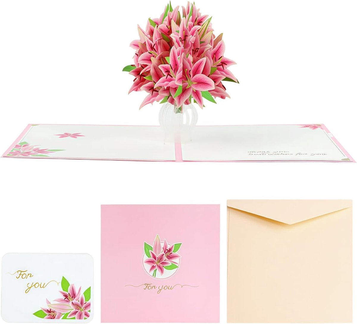 3D Pop-up Verjaardagskaart Roze Lelies, Handgemaakte Felicitatiekaart Bloemboeket voor Moederdag, Bedankjes en Jubilea