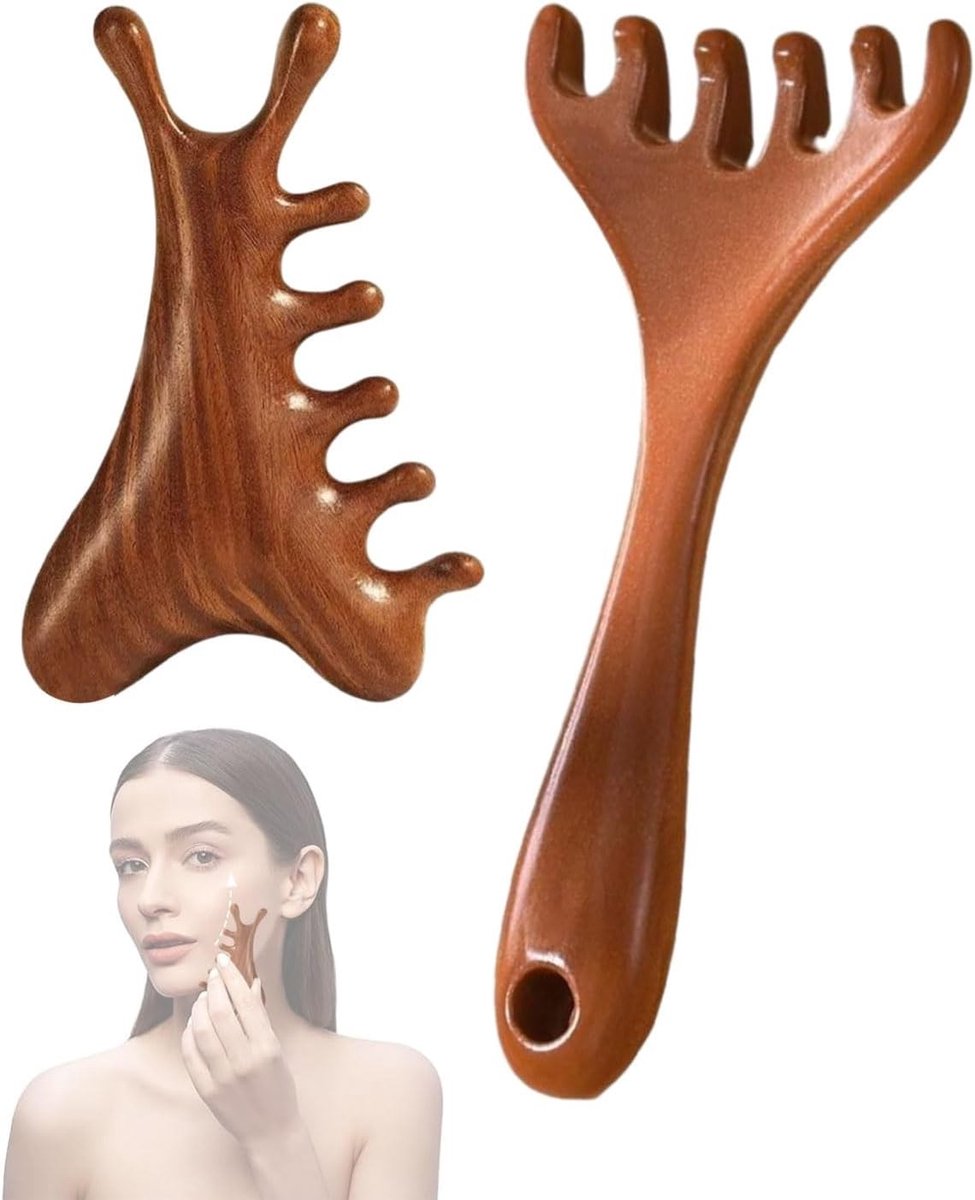 Houten Massageborstel Set van 2 - Natuurlijk Sandelhout, Antistatisch, Brede Tanden, Hoofdhuid Stimulator, Gua Sha Kam, Lichaamsmassage Tool voor Mannen en Vrouwen