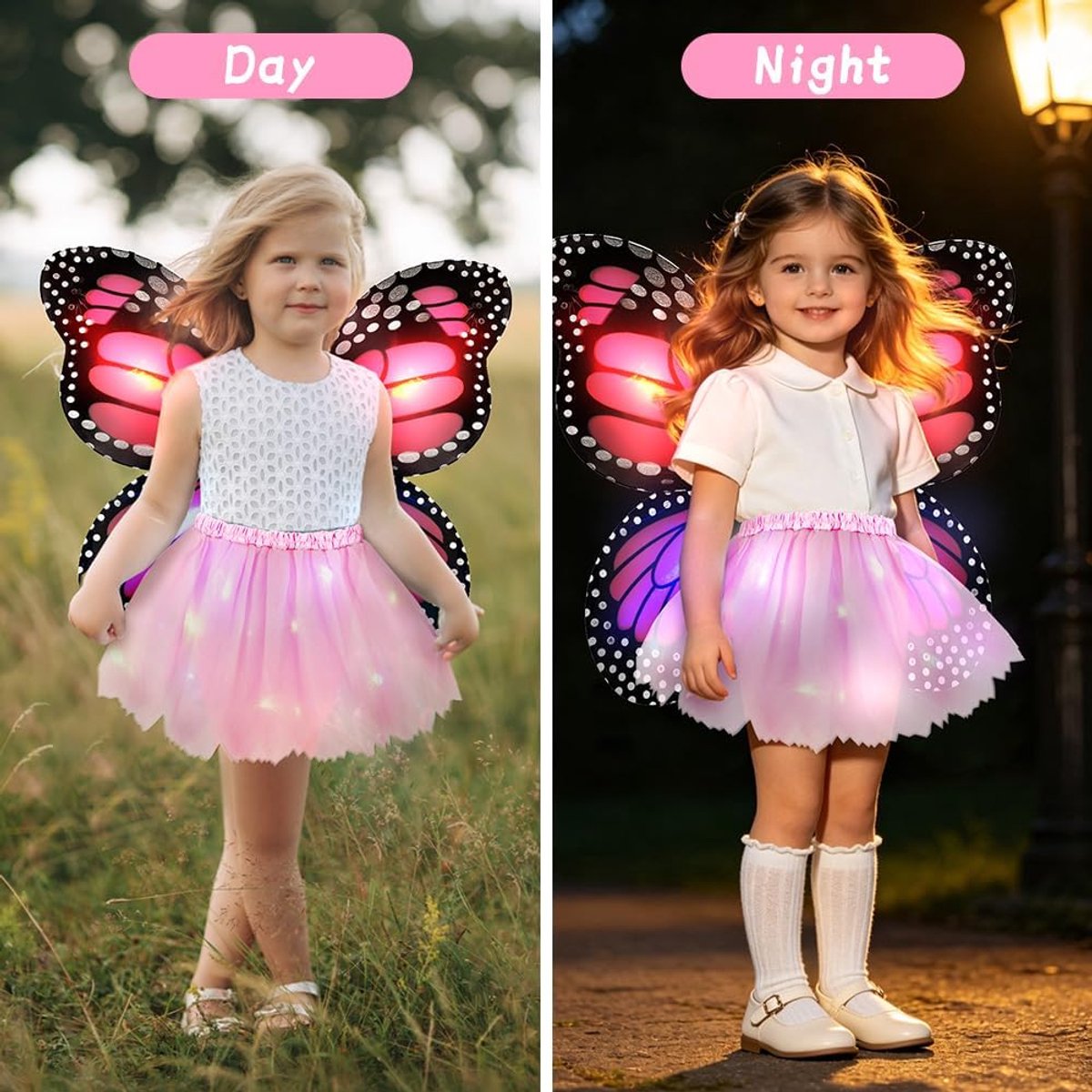 Feeënkostuum voor meisjes, 4-delige set, glinsterende vlinderkostuums, verlichte tuturok, vlindervleugels, haarband, toverstaf, feeënkostuum voor Kerstmis, carnaval, cosplay