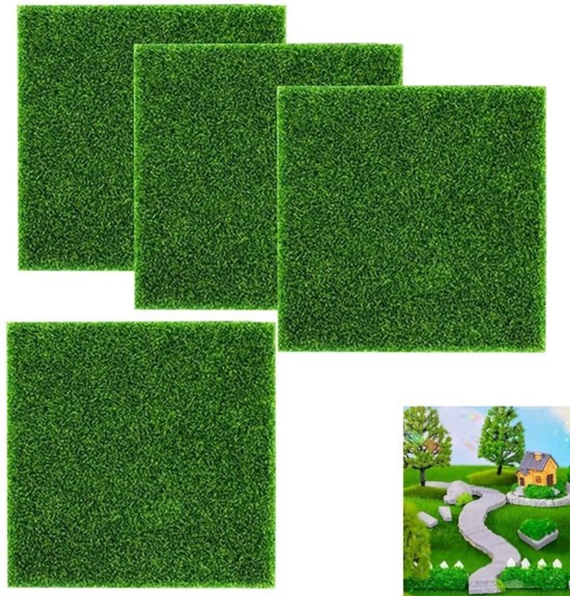Dailygoods- Kunstgras 4 Stuks 15 x 15 cm - Groen - Doe-het-zelf Decoratie - Micro-tuin - Poppenhuis - Natuurlijk Effect - Nepgras