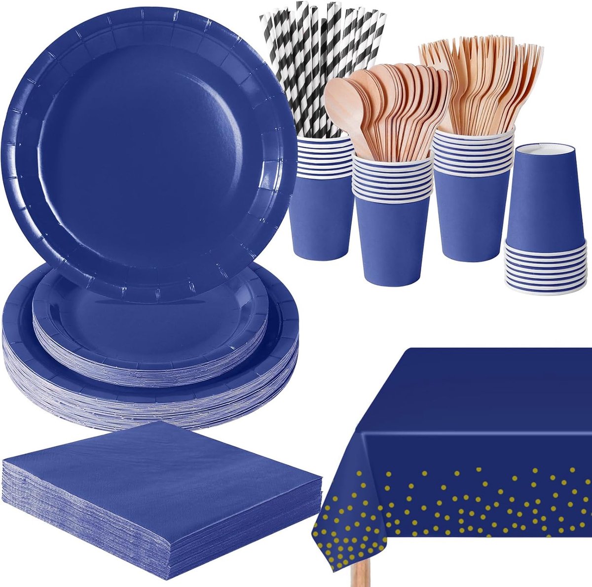 169-delig, donkerblauw, feestborden, set feestborden, papier, kopjes, servetten, voor barbecuefeesten, picknicks, 24 gasten