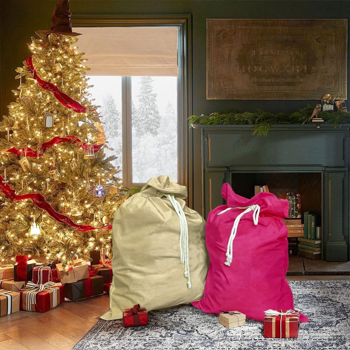 Kersttas met trekkoord, cadeauzak voor Kerstmis van zacht fluweel, kerstmanzak voor kerstfeesten, decoratie, kerstmanzak om te vullen, bruin