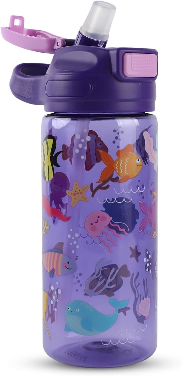 Waterflessen voor kinderen, 600 ml, stevig, onbreekbaar, lekvrij, BPA-vrij, activering met één klik, gemakkelijk schoon te maken, kinderwaterfles met rietje, ideaal voor school en buitenshuis