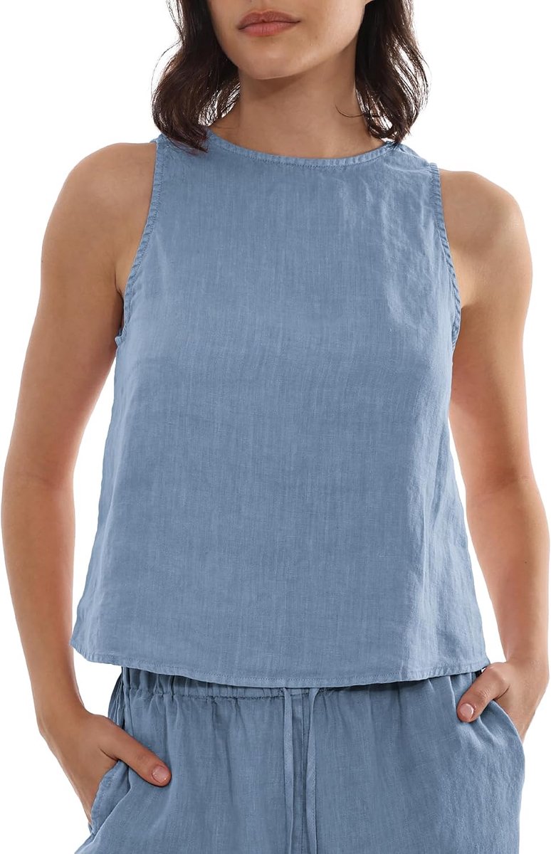 Linnen tanktop voor dames, zomer cami bovenstuk ronde hals top mouwloos, basic linnen blouse losse vrije tijd vrouwen shirt vesten