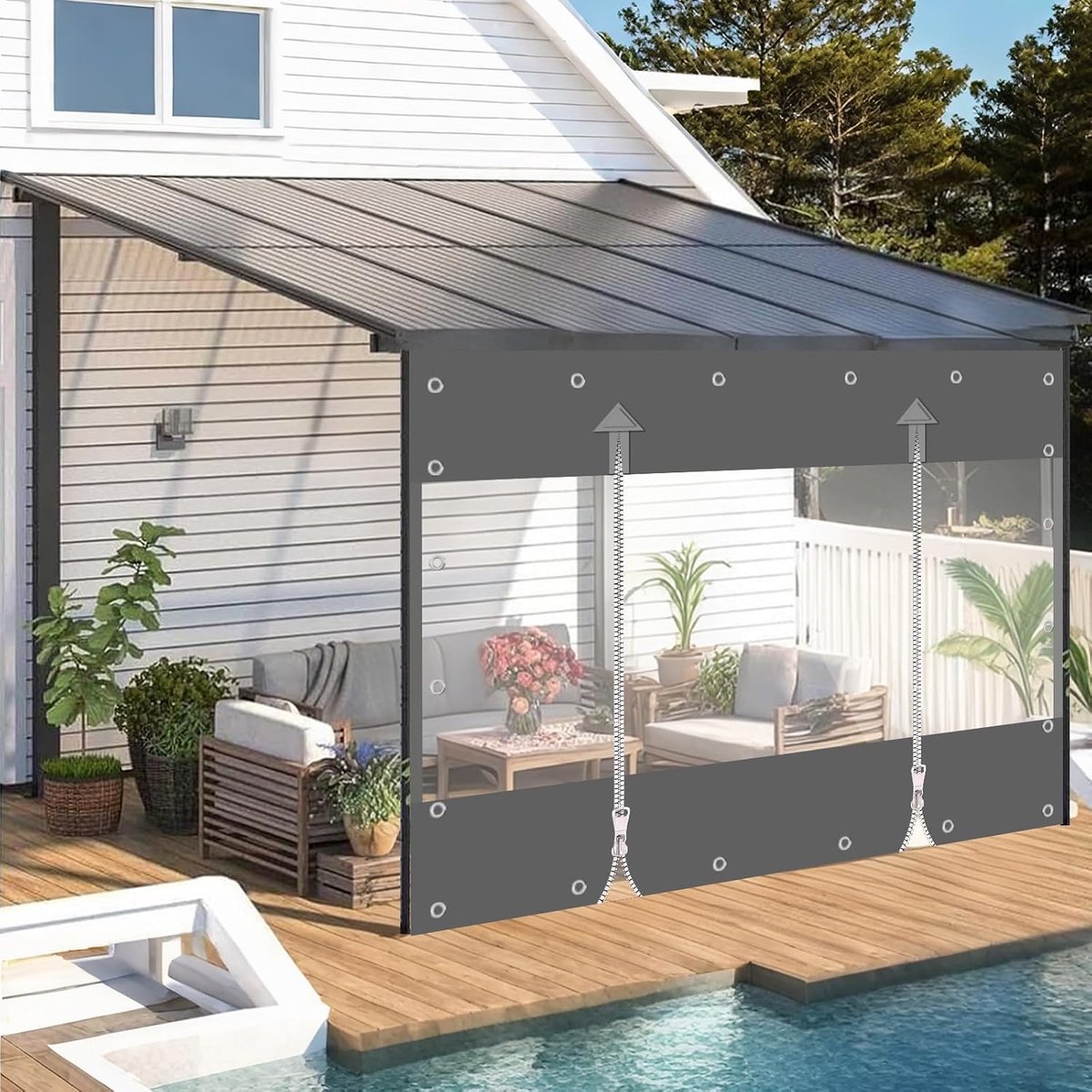 Zeil, 650 g/m², pvc-zeil, outdoorgordijn met ritssluiting, waterdicht afdekzeil, windbescherming en regenbescherming voor paviljoen, balkons, terrassen (grijs, hoogte 2,4 m x breedte 4,5 m