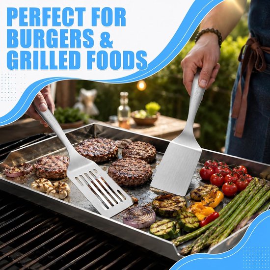 Grillspatel set met sleufspatel, robuuste keukenspatel met hoge hittebestendigheid voor plancha, grillplaat, hamburger, eieren en groenten — afbeelding 5