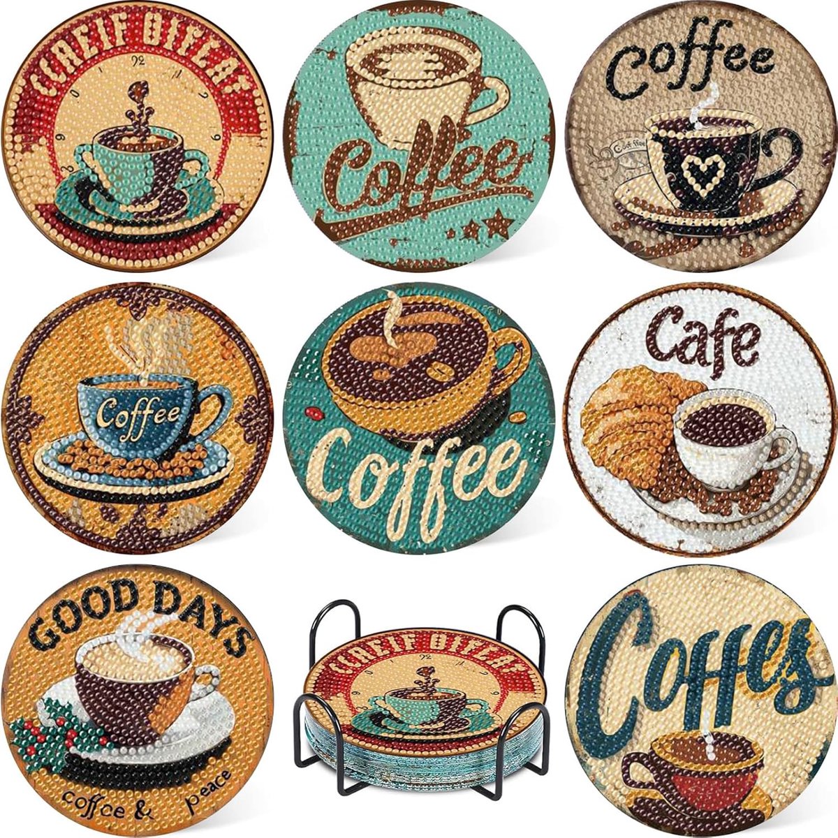 Art Set van 8 diamant schilderonderzetters voor koffie, onderzetters met houder, koffieonderzetters, antislip 5D onderzetters, voor beginners, volwassenen en kinderen