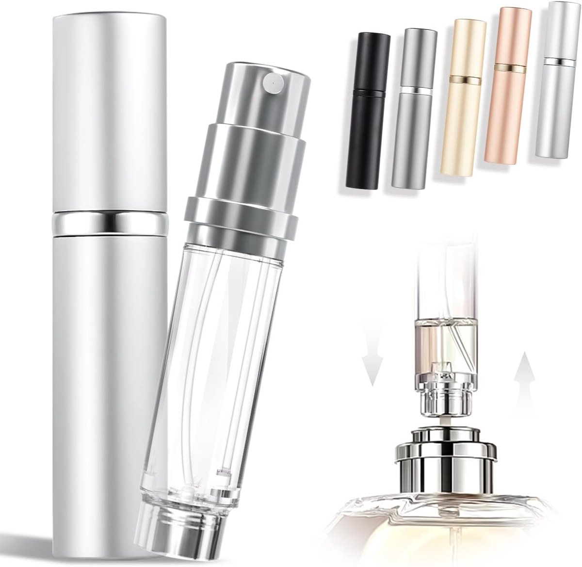 Parfumverstuiver, navulbaar, lege reisspuitfles, nano-nevel, bodemvulling, mini-verstuiver, zakformaat, voor dames en heren (klassiek, zilverkleurig)