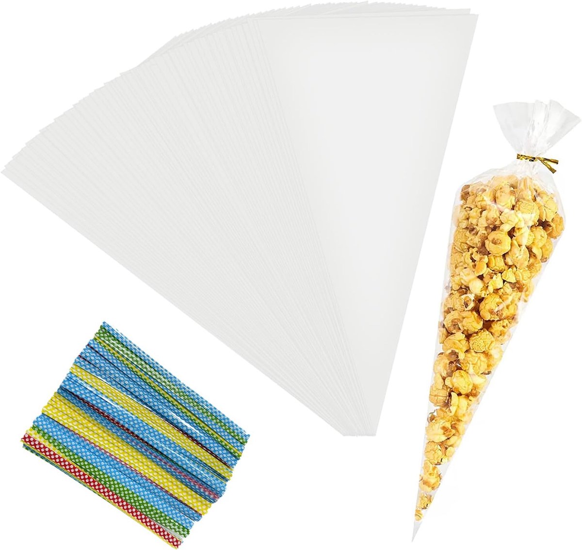 100 stuks snoepzakjes, 30 x 16 cm, puntige zakjes, transparante koekjeszakjes met metalen bindband voor snoep, chocolade, koekjes, feest, bruiloft, zakjes