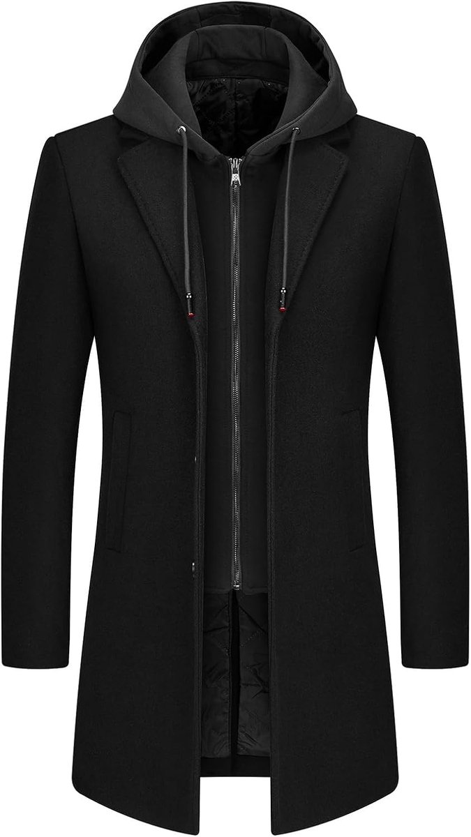 Trenchcoat voor heren, effen, casual, gewatteerd, outdoor, overcoat, lange capuchon, warme jas