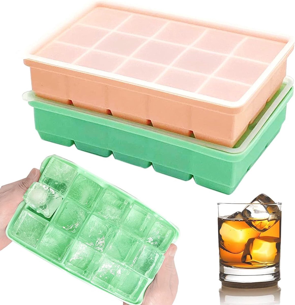 Siliconen ijsblokjesvorm, 2 stuks siliconen ijsblokjeshouder met deksel, geurloos, stapelbaar en vaatwasmachinebestendig, voor bier, whisky, cocktail en babysnack, BPA-vrij