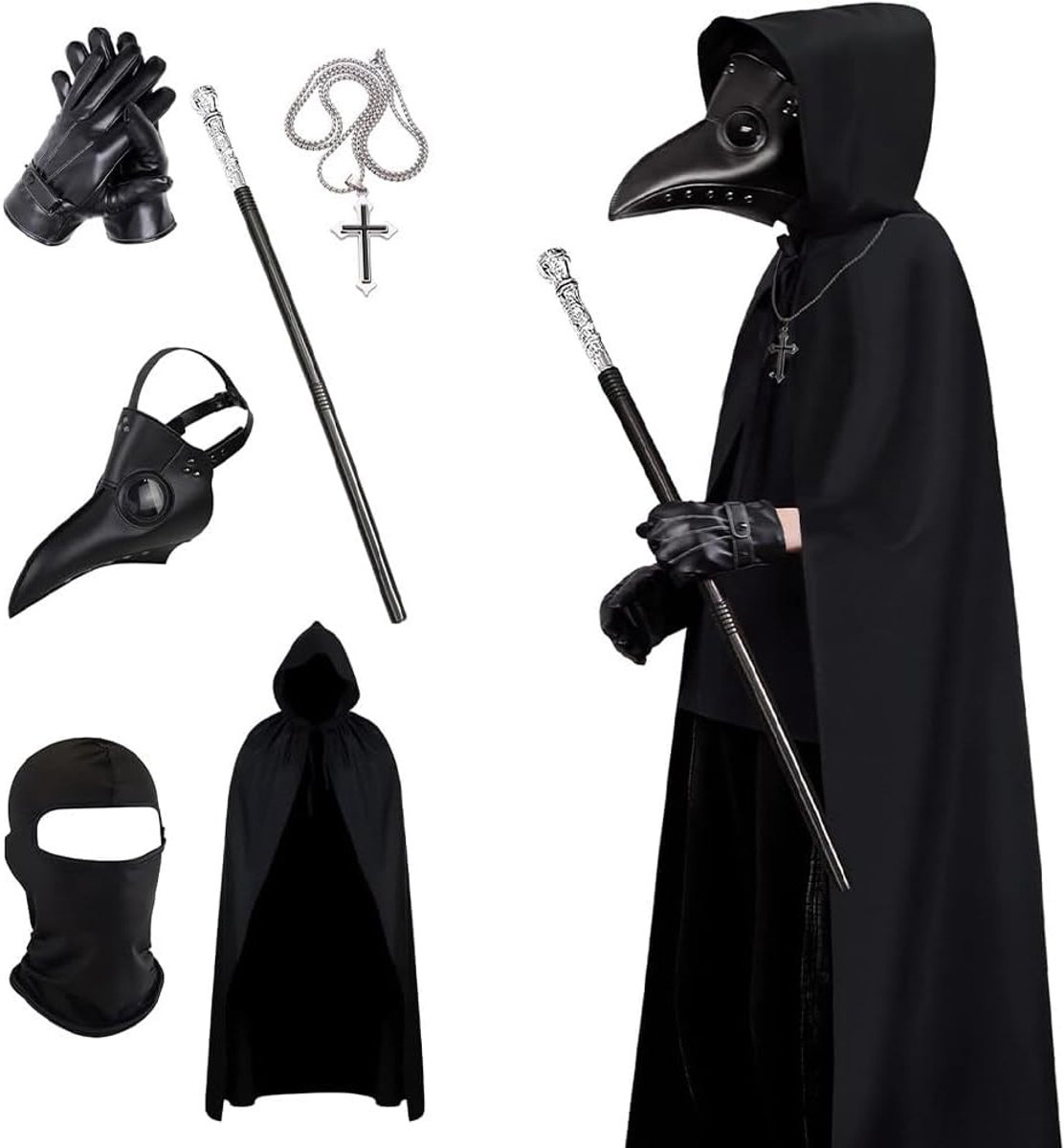 Halloween pestdokterskostuum, pestdokterkostuum, herenoutfits met pestdoktermasker, scepter, kruis-halsketting, handschoenen, mantel met capuchon voor volwassenen
