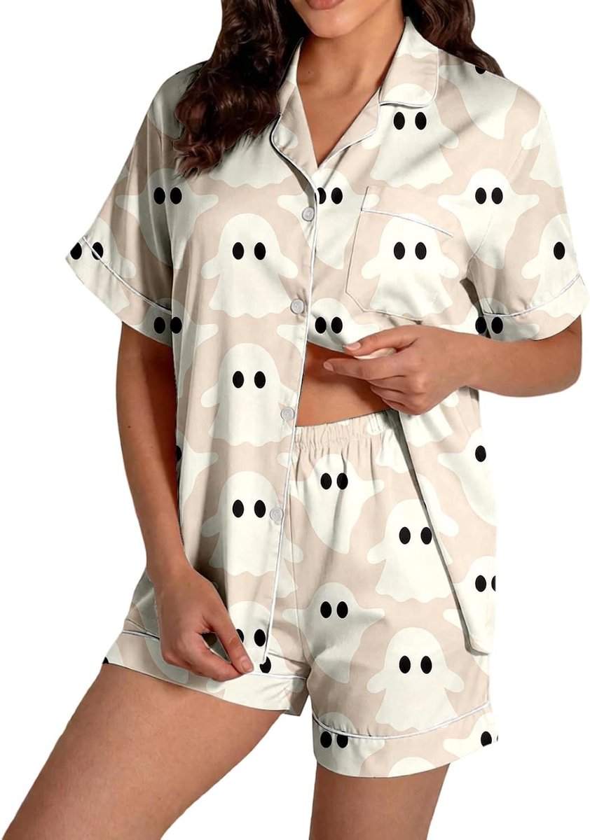 Halloween-bedrukte pyjamaset met korte mouwen en kraag en shorts (beige, XL)