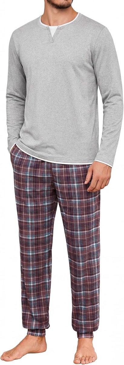 Pyjama voor heren, winter, katoen, ronde hals, pyjamaset, lange mouwen, effen top met overlappend kraagdesign en comfortabele broek