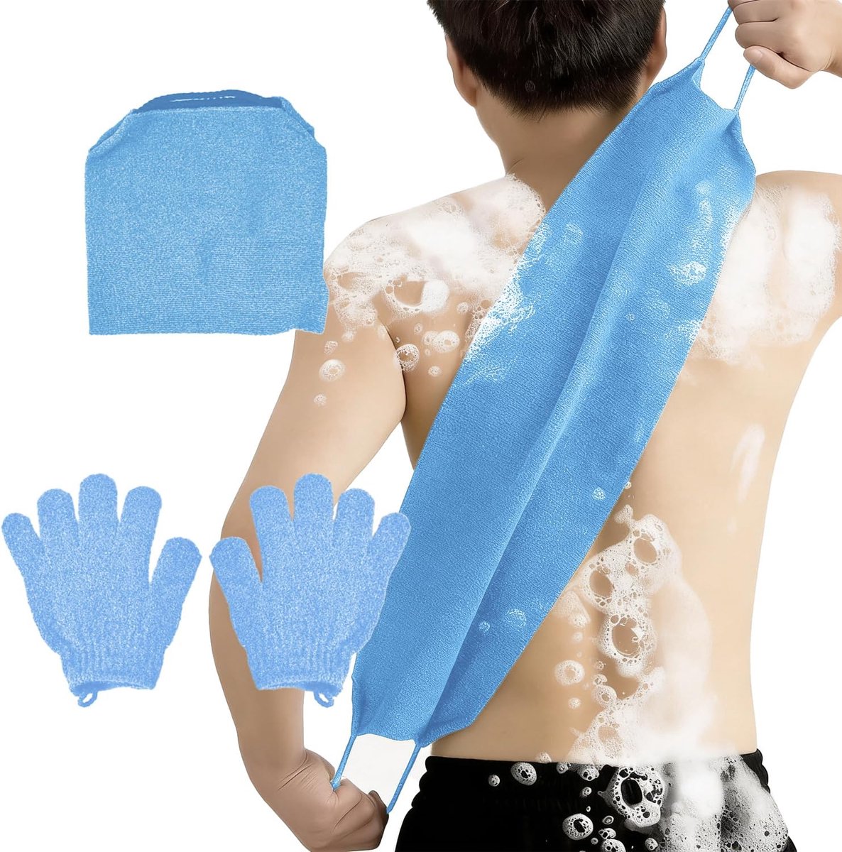 Set van 3 lichaamspeelingproducten: rugpeeling met 2 douchehandschoenen, huidgladder voor lichaam (blauw)