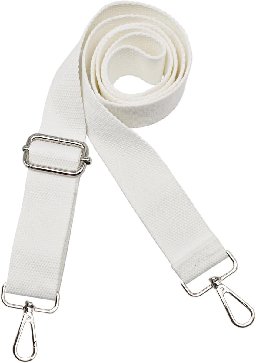 Verstelbare Vervangbare Schouderriem voor Tas, Witte Katoenen Schouderriem 80-140 cm met Zilveren Karabijnhaken, 3,8 cm Breed, voor Laptoptas, Schoudertas, Aktetas en Reistas