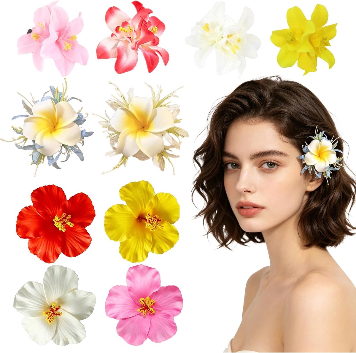 10 Stuks Hawaiiaanse Bloem Haarclips, Plumeria Hibiscus Haarspeld, Meerkleurig Kunstmatige Bloem Clips Tropische Haarclip voor Vrouwen Strand Vakantie Party