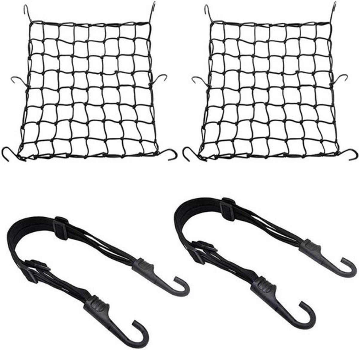 2 Stuks Bagagenet & 2 Stuks Bagagespanner - Elastisch met Haken - Voor Fiets, Motor & Helm