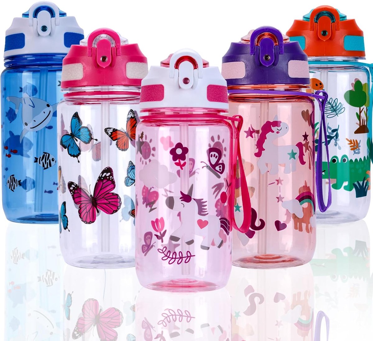 Drinkfles voor kinderen, 600 ml, kinderdrinkfles met rietje, BPA-vrije kinderwaterfles, sportwaterfles met lekvrij flip-topdeksel voor meisjes en jongens (roze eenhoorn)