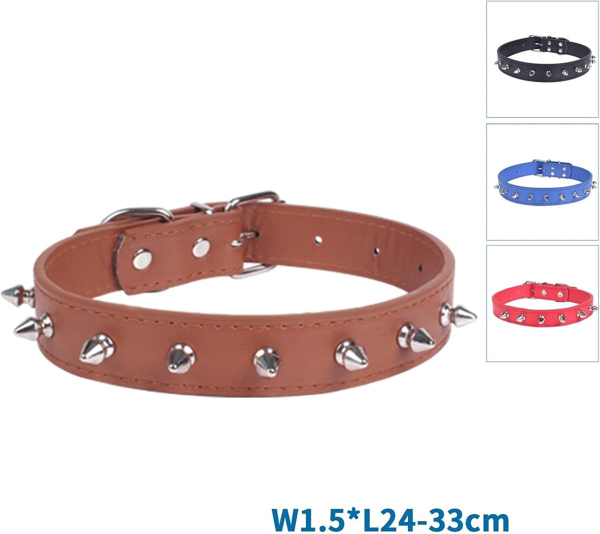 Kattenhalsband van PU-leer met klinknagels, verstelbaar en robuust, ideaal voor identificatie en veiligheid van huisdieren.