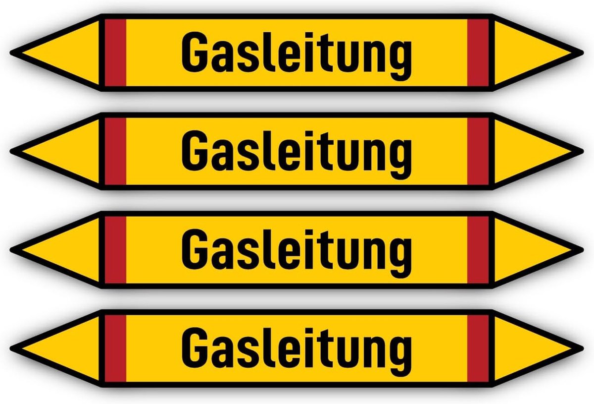 300x45 mm, 4 stuks - groep 4 - brandbare gassen - pijpleidingmarkering - volgens DIN 2403 - taal: Duits - gasleiding
