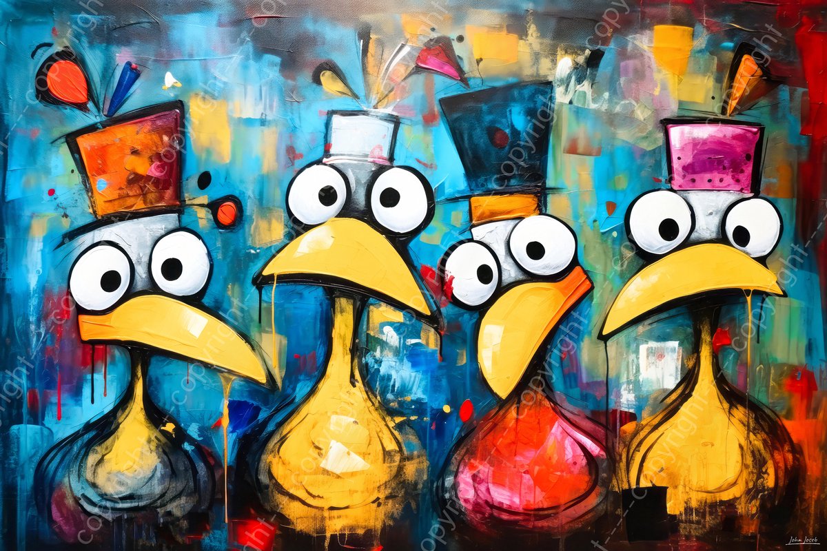 John Joseb Art (Aluminium) 120x80 | Eenden kuikens, grappig, kleurrijk, abstract, kunst, woonkamer | dier, eend, kuiken, vogel, blauw geel, oranje, rood, modern | foto-schilderij op dibond, metaal wanddecoratie