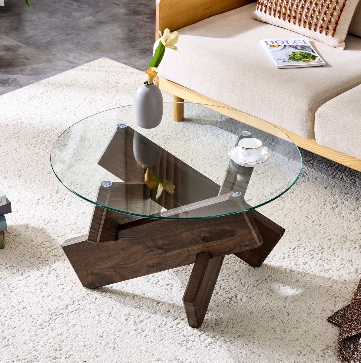 MEUNIQ Ronde salontafel Ø 79 cm met transparant gehard glazen blad en MDF onderstel met walnootdecor, kruisvormige basis voor woonkamer, 45 cm hoog
