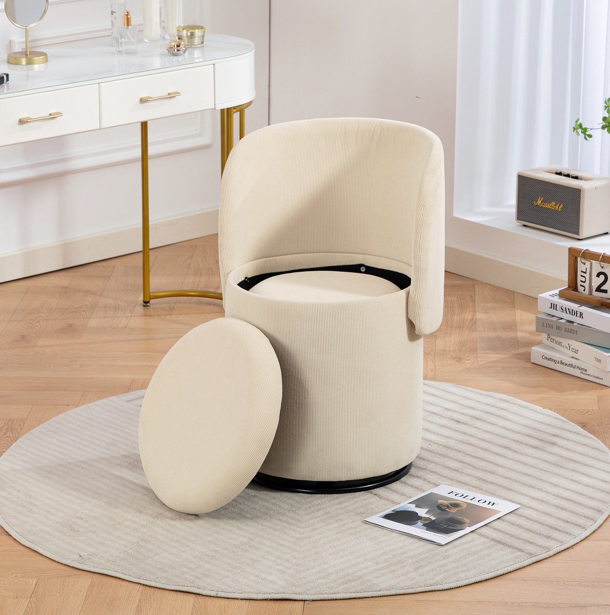 MEUNIQ draaibare fauteuil 48 x 52 x 75 cm – 360° draaibare, gepolsterde fauteuil met opbergruimte en kattenmand-hocker voor slaapkamer of eetkamer, beige ribstof