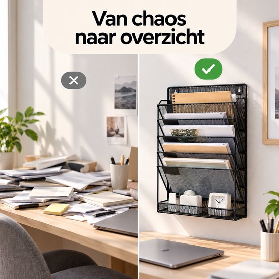 Vergelijking van een rommelige bureau en een opgeruimde bureau met zwarte wandorganizer.