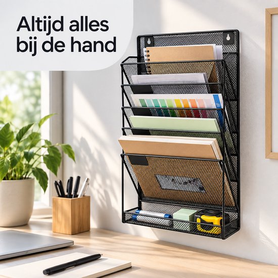 BOTC Tijdschriftenhouder wand - A4 - 6-laags Hangende Dossierhouder - voor werkplekken - Voor Kantoor en Thuis - Zwart