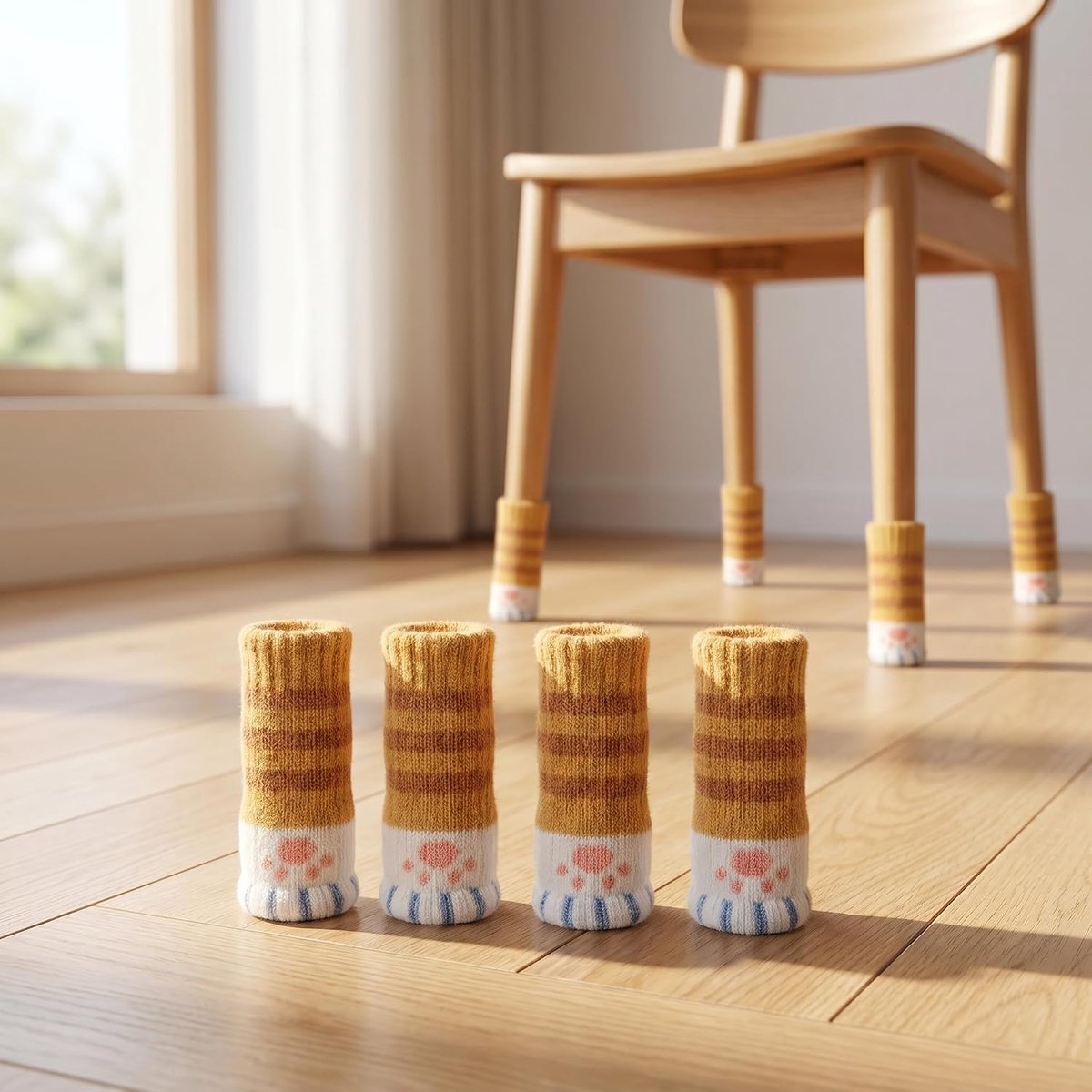 Set van 8 stoelpootbeschermers in de vorm van kattenpootjes – Antislip gebreide beschermers; krasbestendig en geluidsdempend voor houten vloeren (gele strepen)
